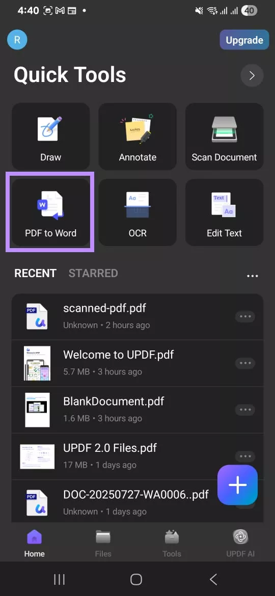 select pdf to word in updf for android