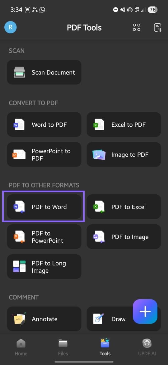 PDF to word with updf android 
