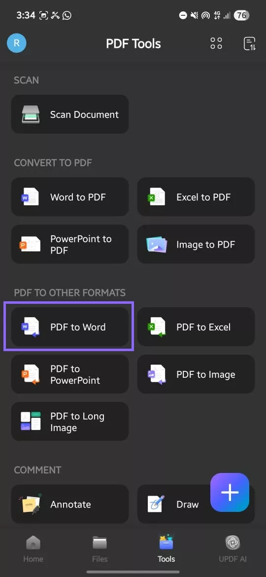 select pdf to word updf android