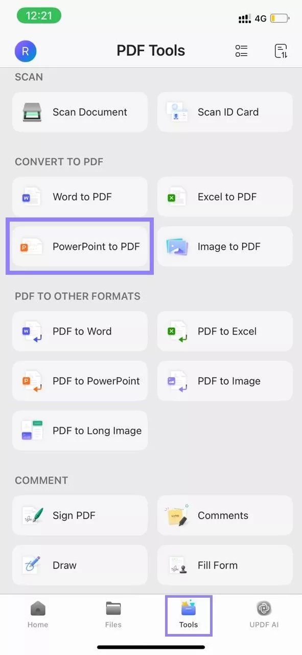 select pdf to powerpoint updf iphone