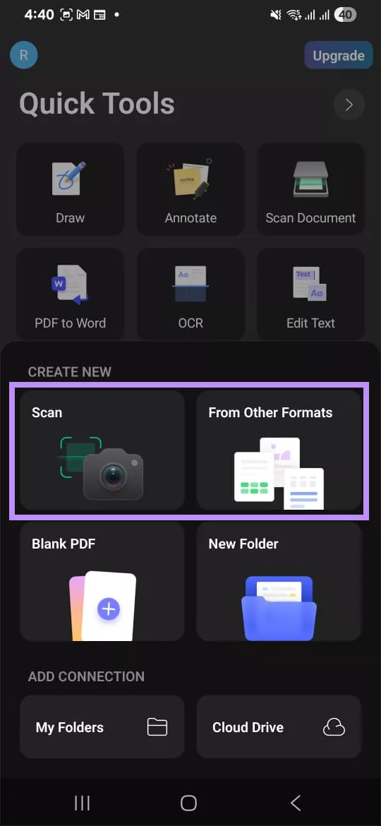 select scan or from other formats in updf for android