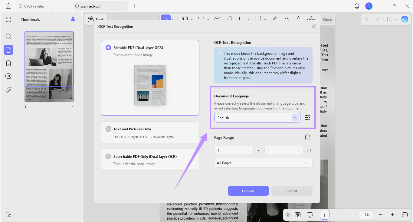  select the document language updf windows