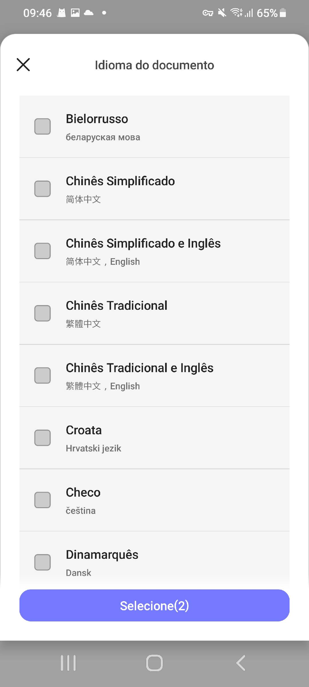 selecione o idioma dos documentos updf android