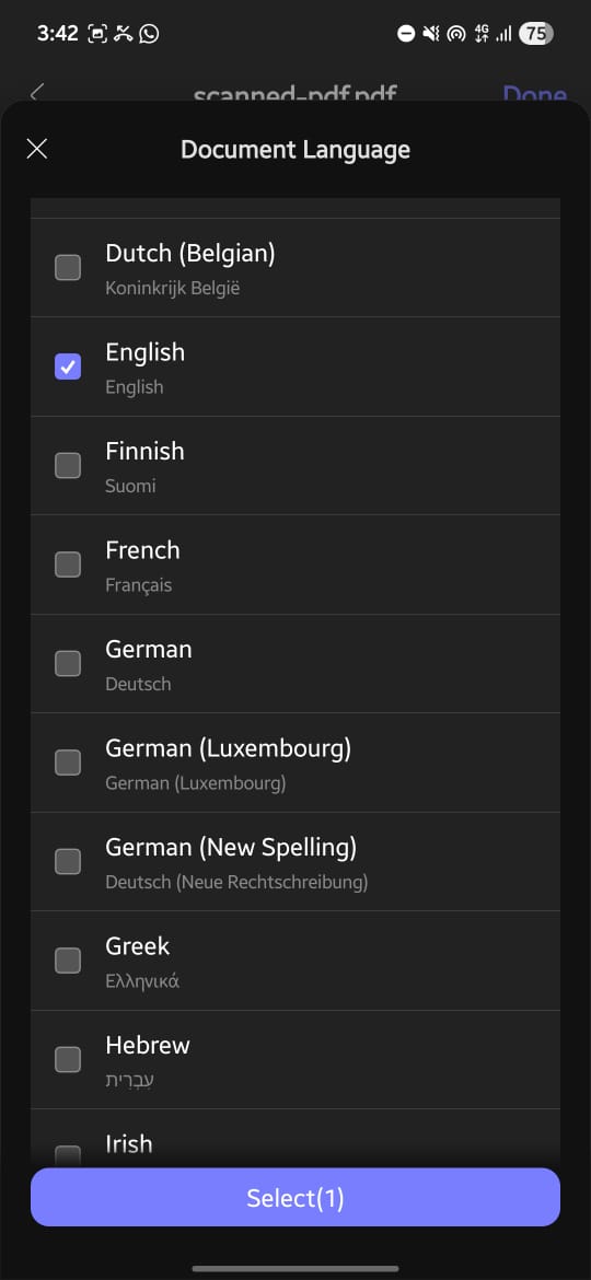 select the document’s language updf android