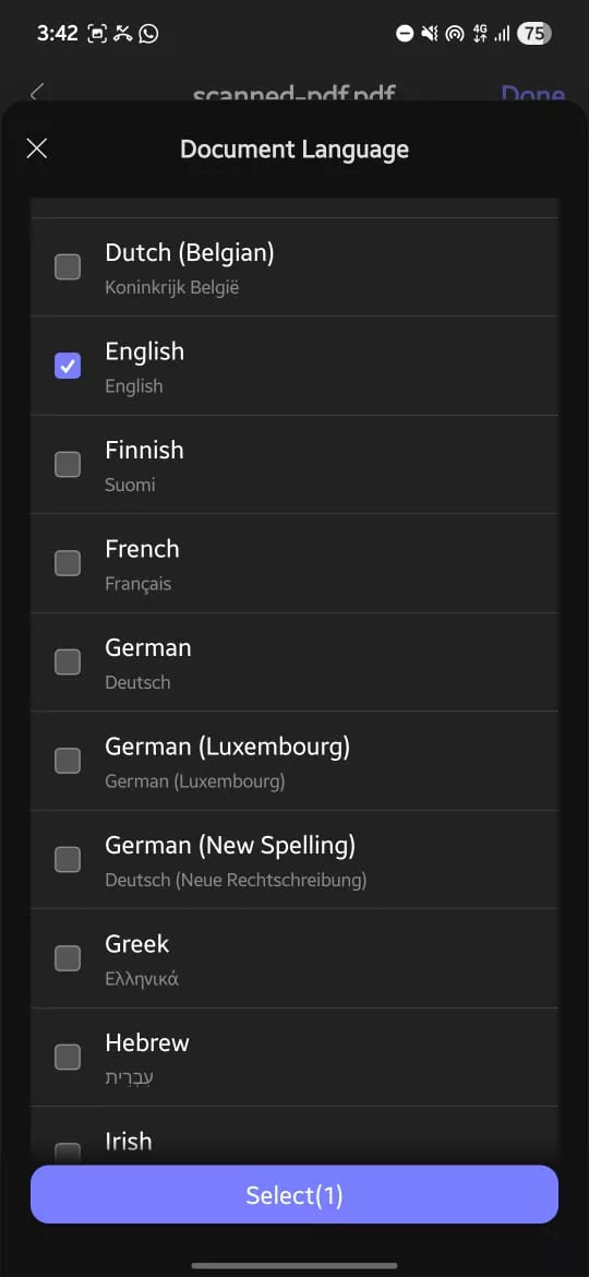 select the document’s language updf android