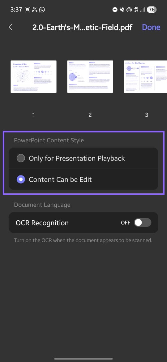 select the presentation content style updf android
