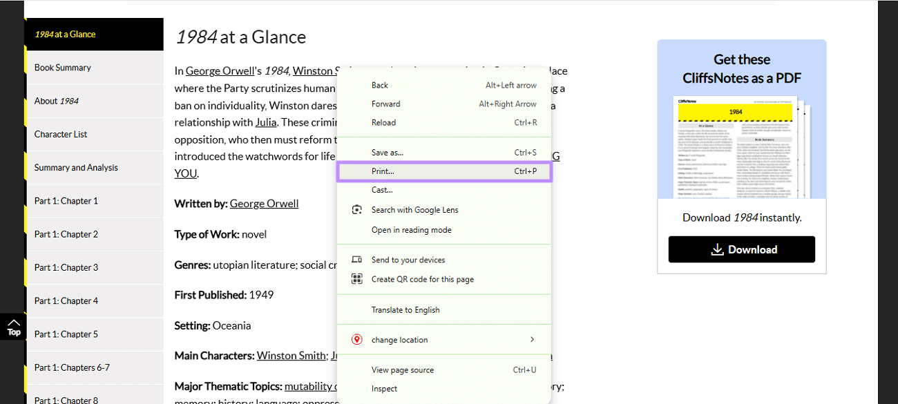 Wählen Sie die Druckoption Cliffnotes