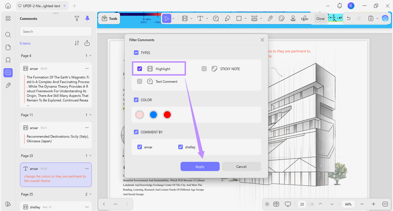  select to filter comments by highlight updf windows