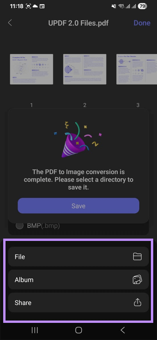 select where to save or share the image updf android