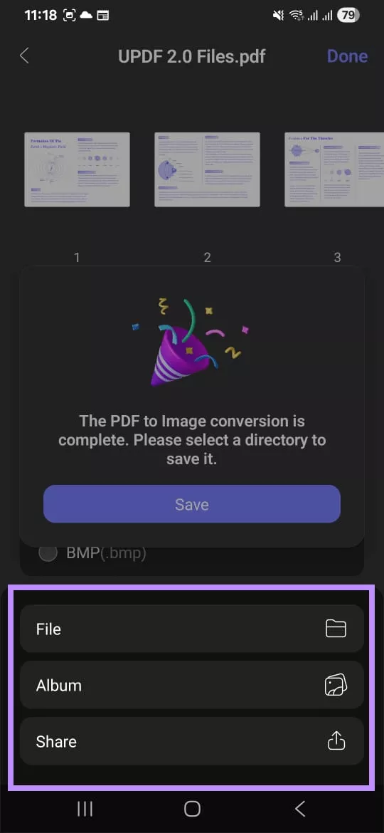 select where to save or share the image updf android