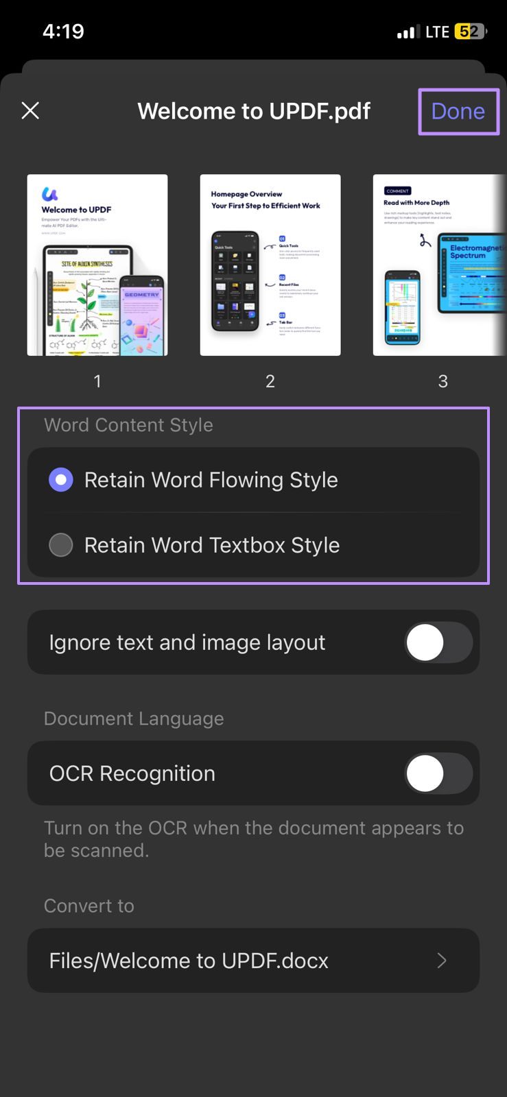 Image Alt: select word content style and confirm updf ios