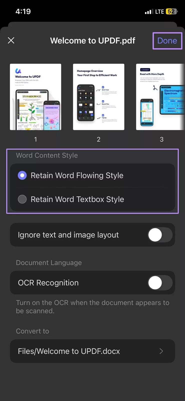 Image Alt: select word content style and confirm updf ios