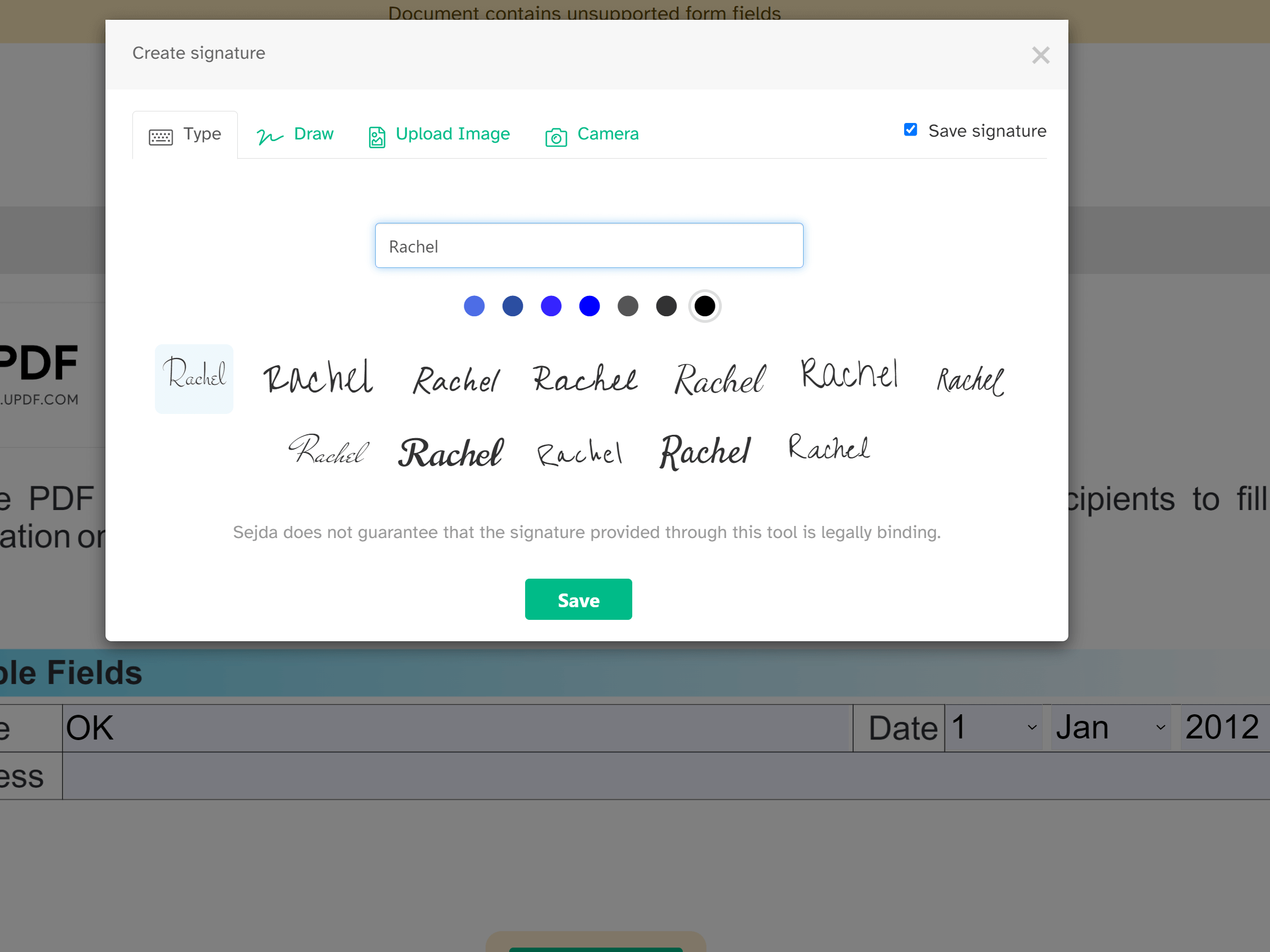 Type to create signature with sedja
