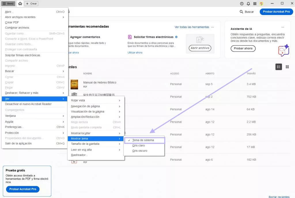 Tema del sistema en Adobe Acrobat