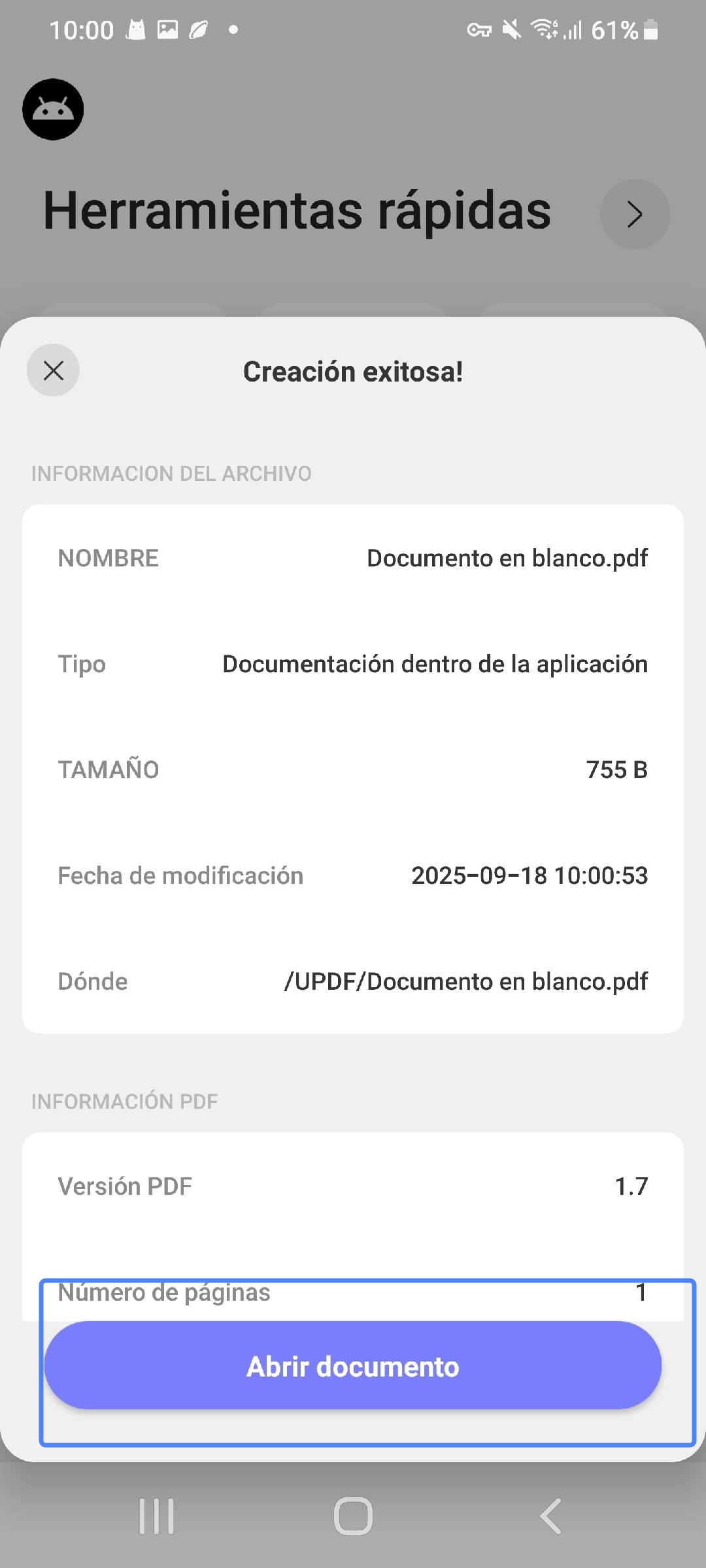 Toque en "abrir documento" para visualizar y editar el PDF.