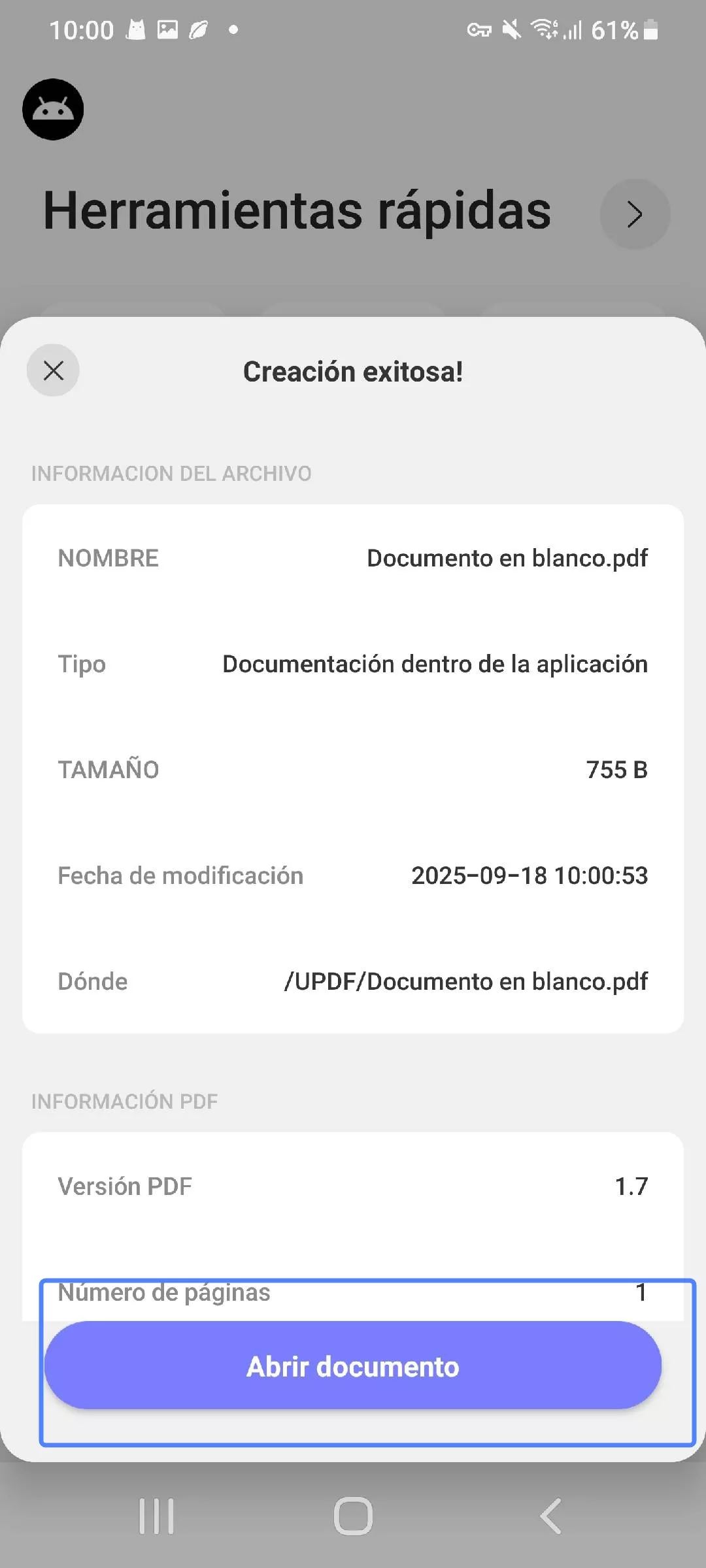 Toque en "abrir documento" para visualizar y editar el PDF.