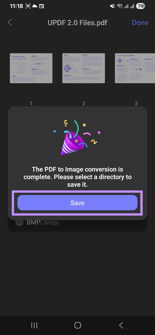tap on save to convert pdf to jpg updf android