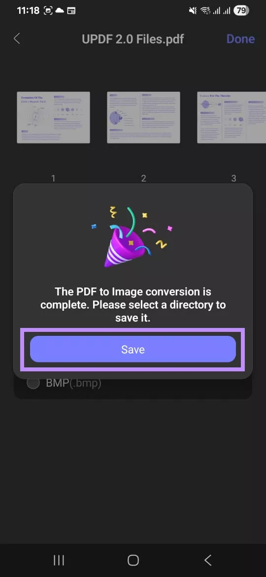 tap on save to convert pdf to jpg updf android