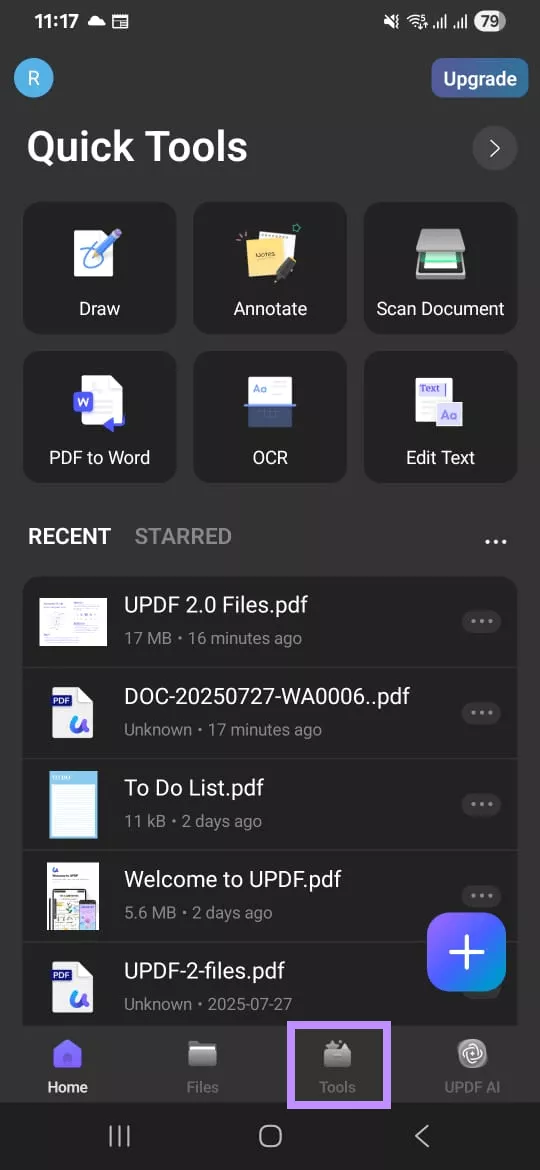  tap on tools updf android