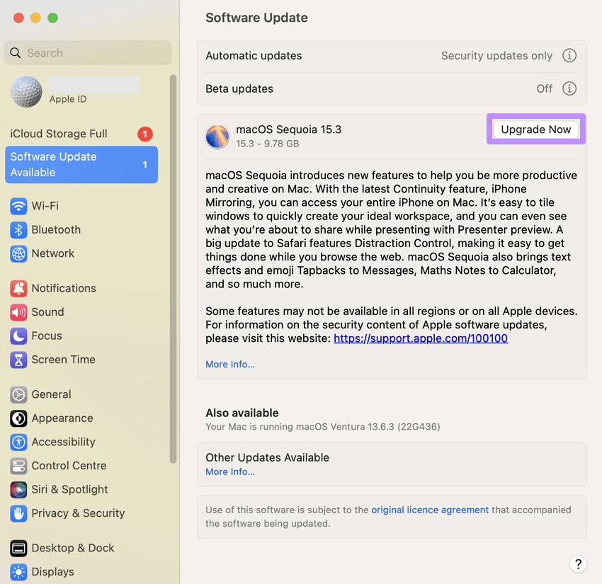 tap on upgrade now button mac