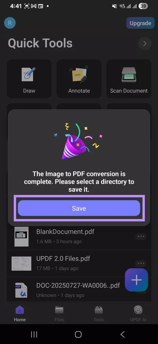 tap save in updf for android
