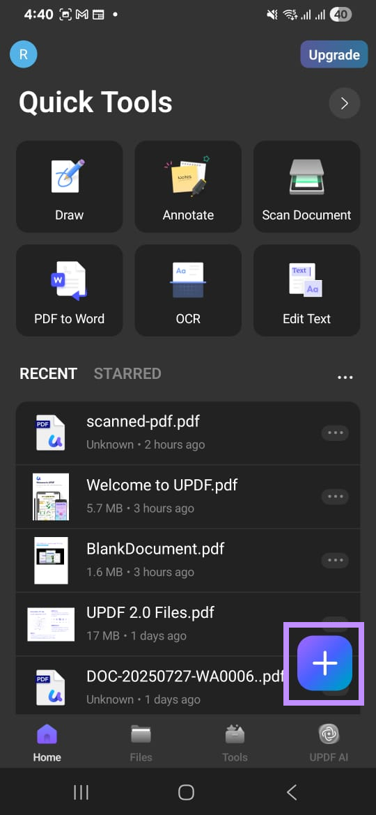  tap the + button in updf for android
