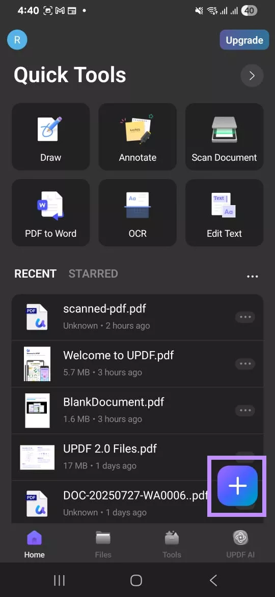 tap the + button in updf for android