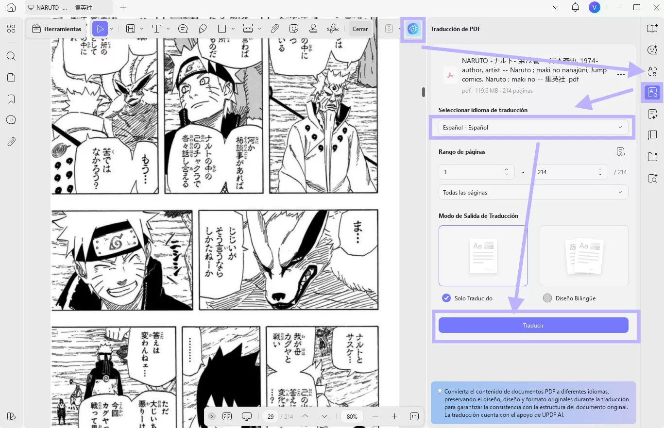 Traducir el texto de un manga con UPDF en Windows.