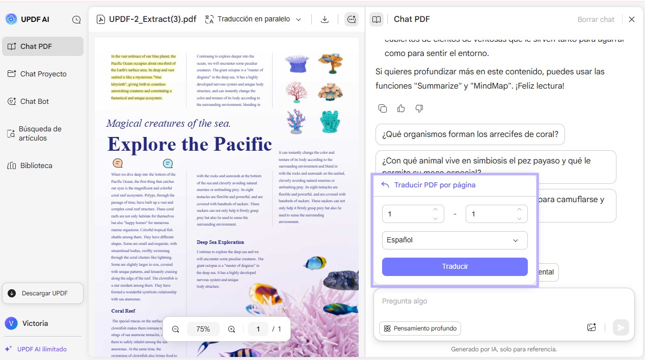 Traducir página por página con UPDF AI en línea