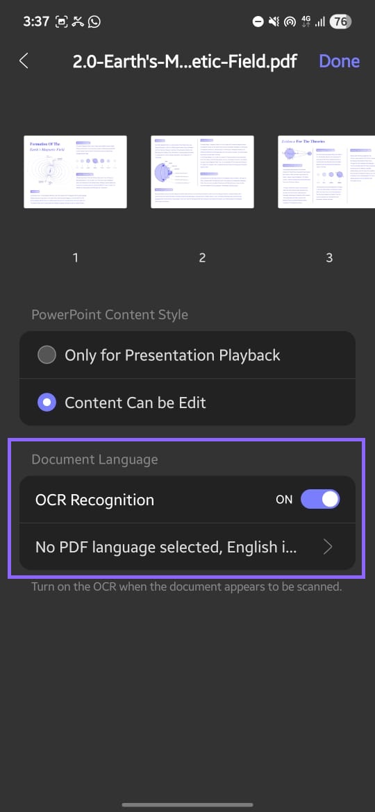 turn on ocr recognition when pdf to ppt updf android