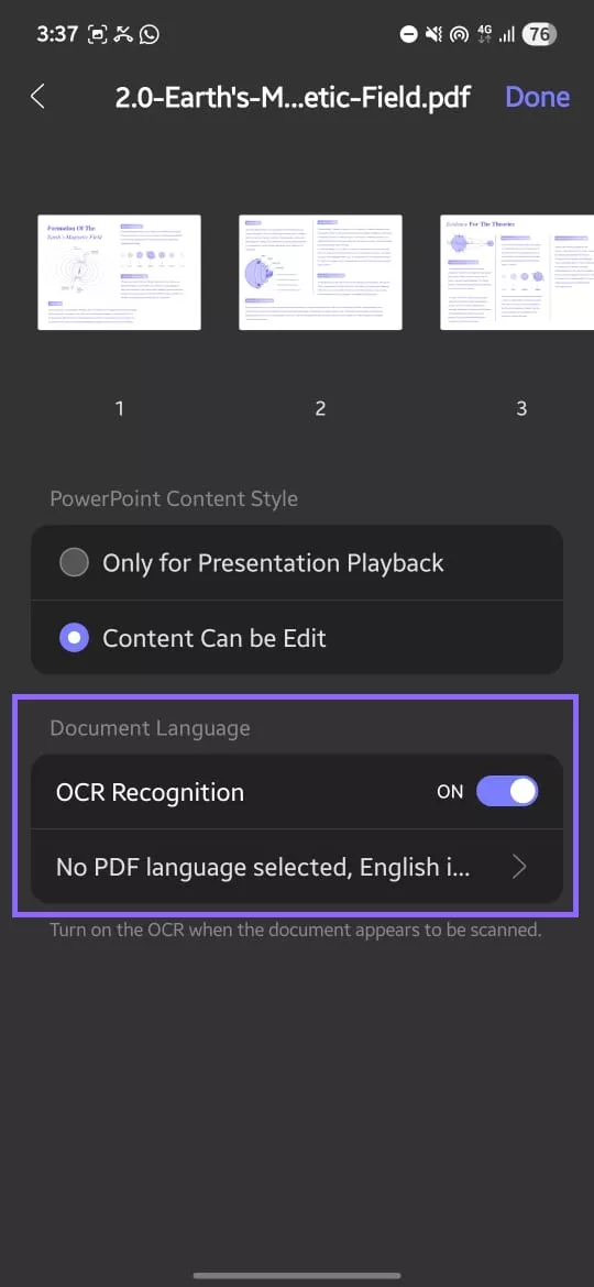 turn on ocr recognition when pdf to ppt updf android