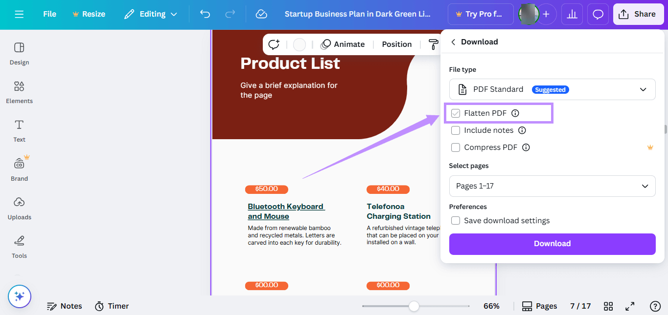 Alt-text: uncheck flatten pdf canva