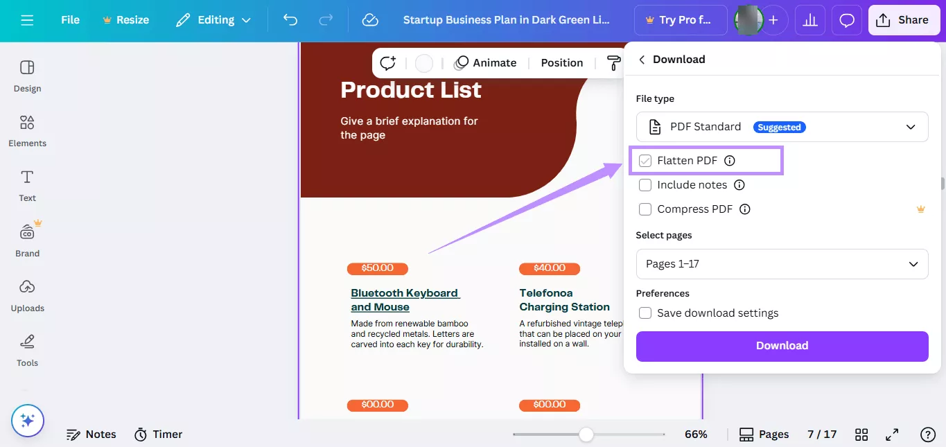 Alt-text: uncheck flatten pdf canva