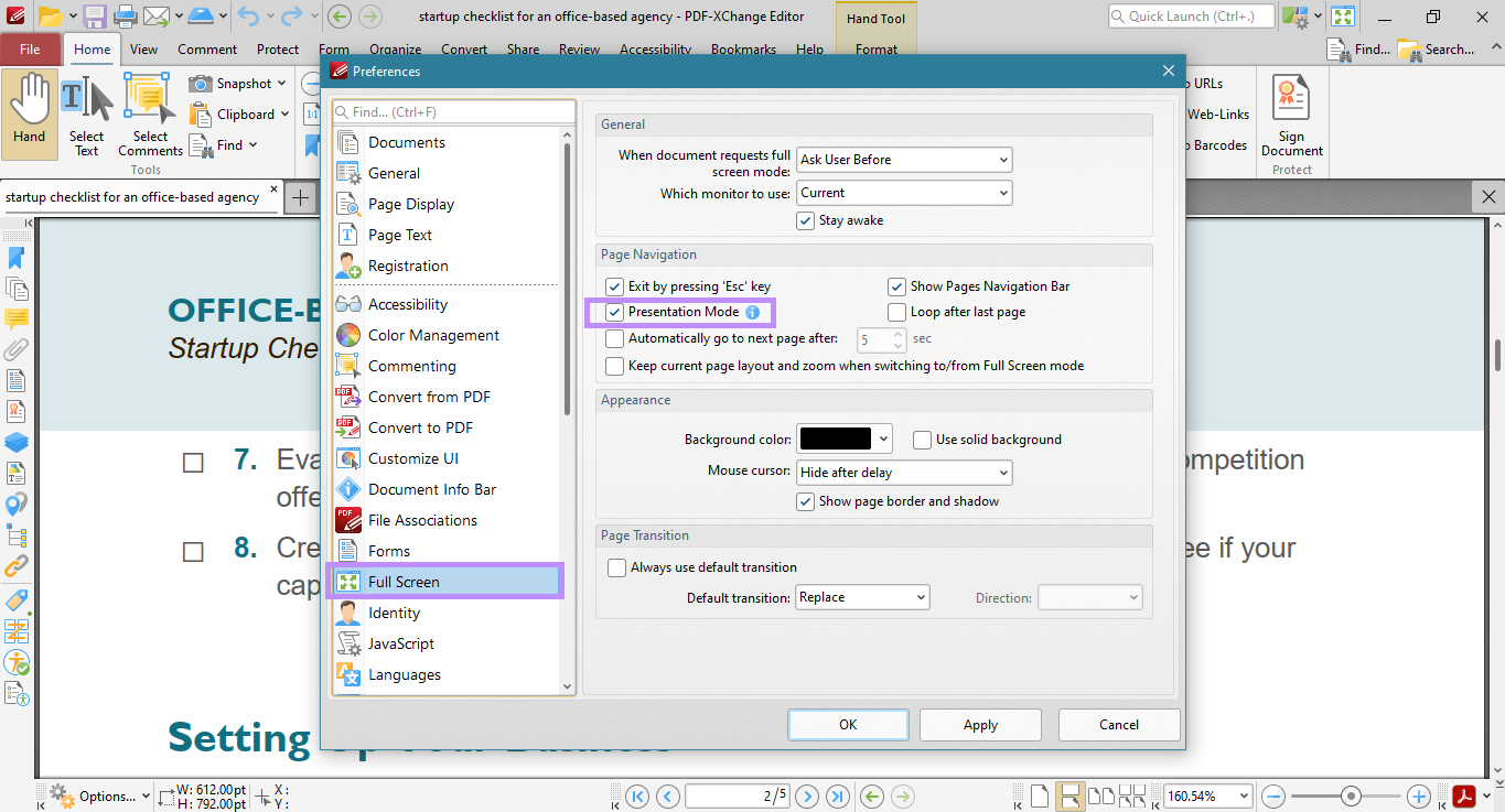 uncheck presentation mode under full screen pdf xchange editor