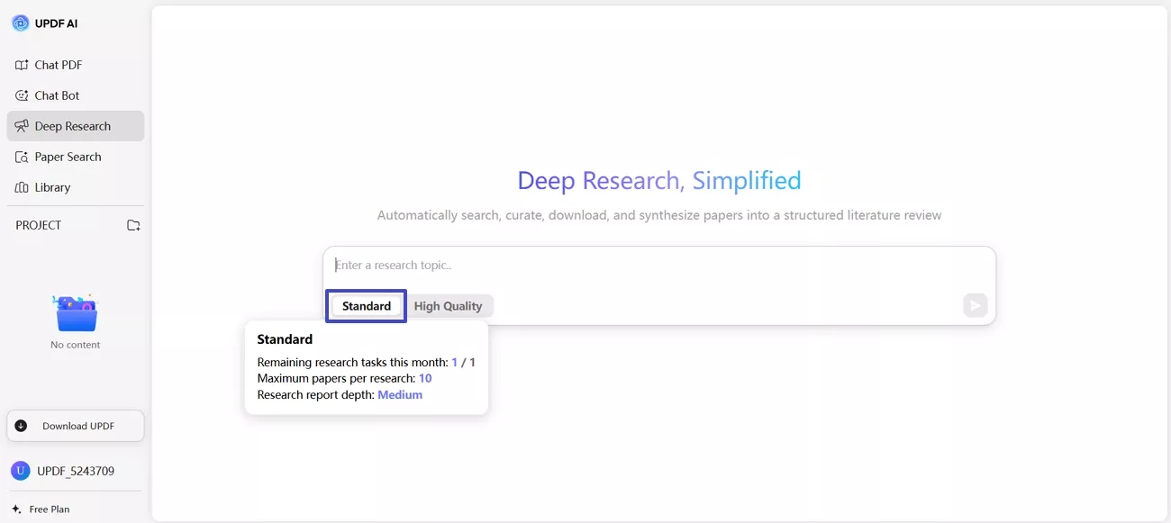 standard response updf ai deep research