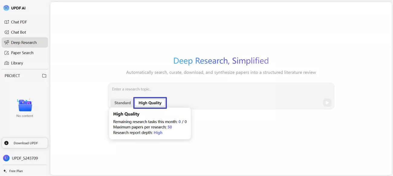 updf ai deep research high quality