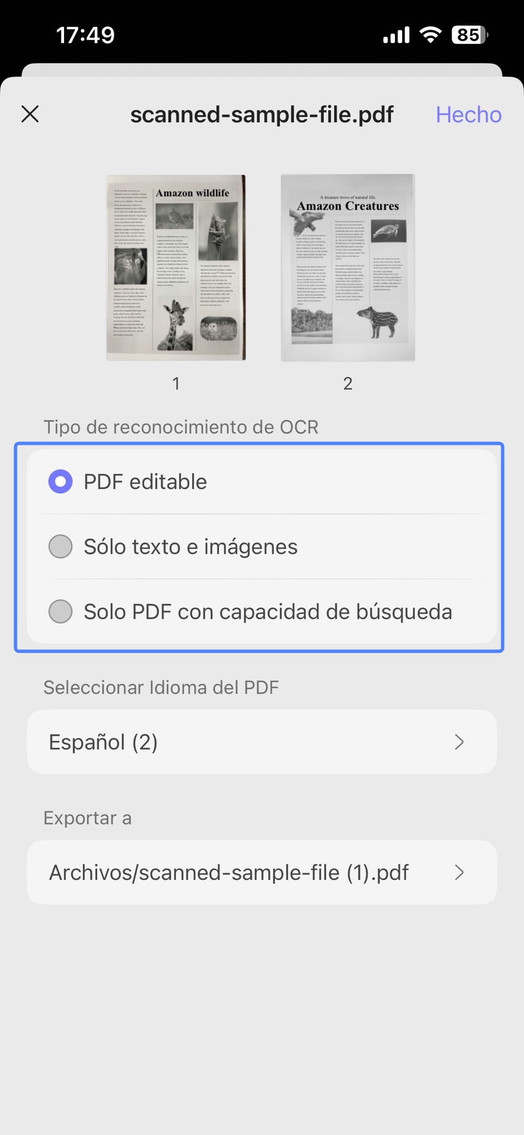 updf tipo de reconocimiento OCR
