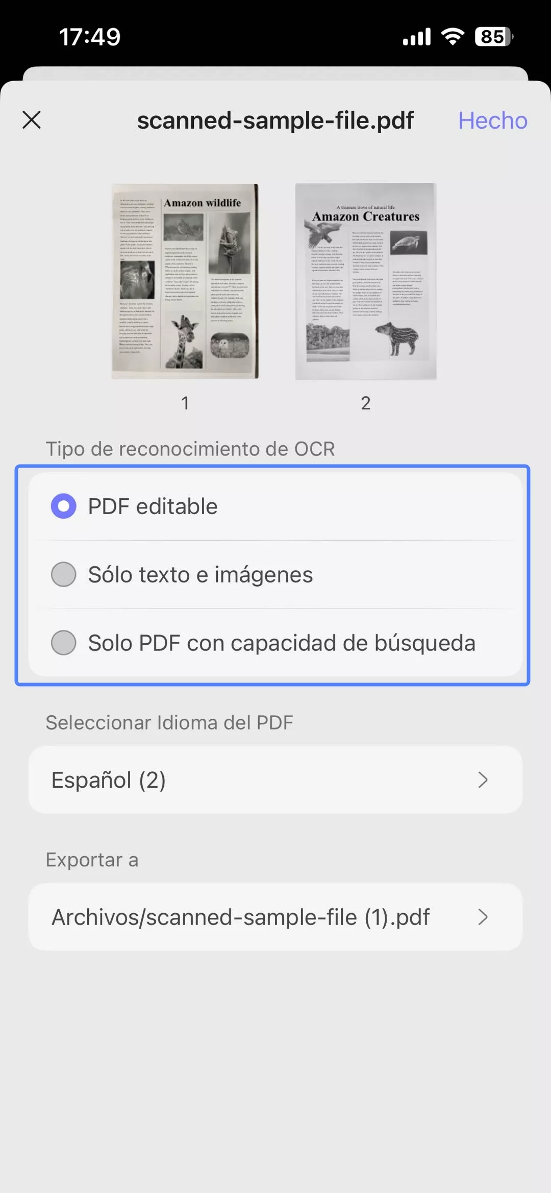 updf tipo de reconocimiento OCR
