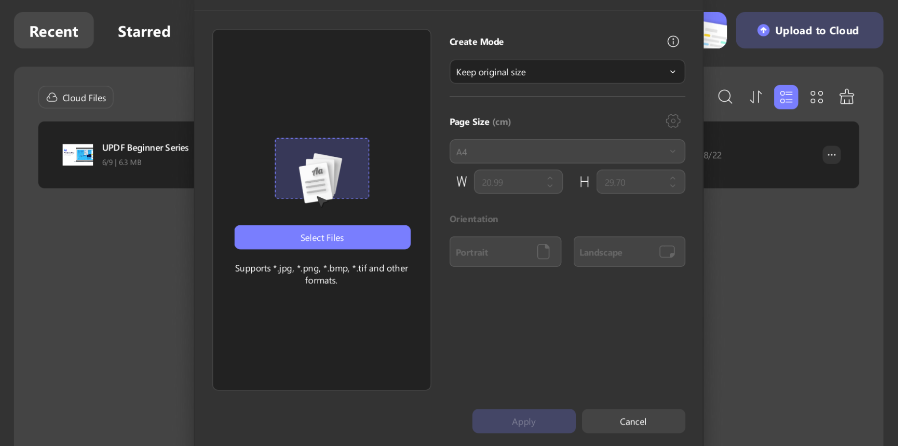 updf pop-up window with options to adjust page size, orientation, and margins