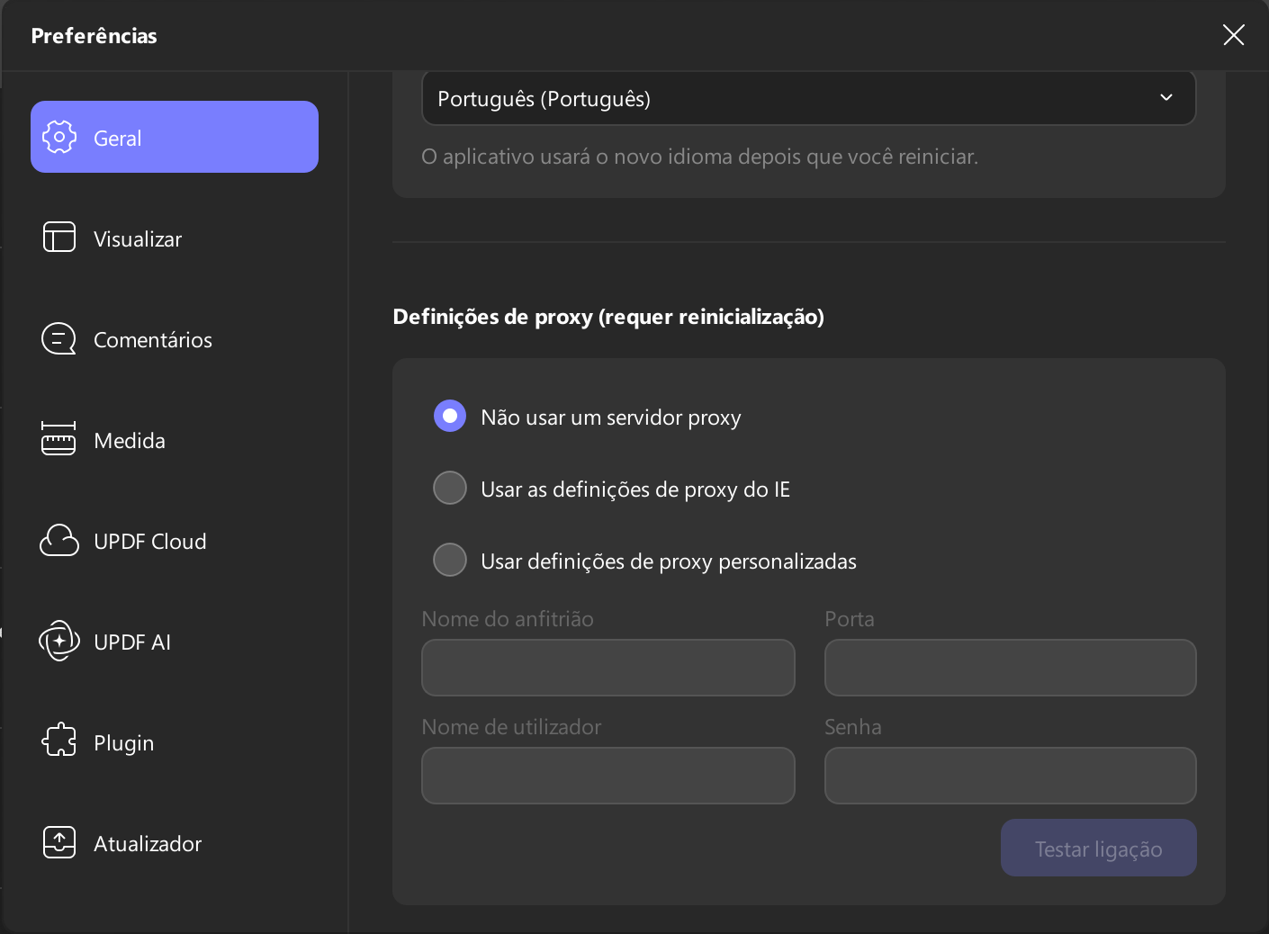 configurações de proxy updf