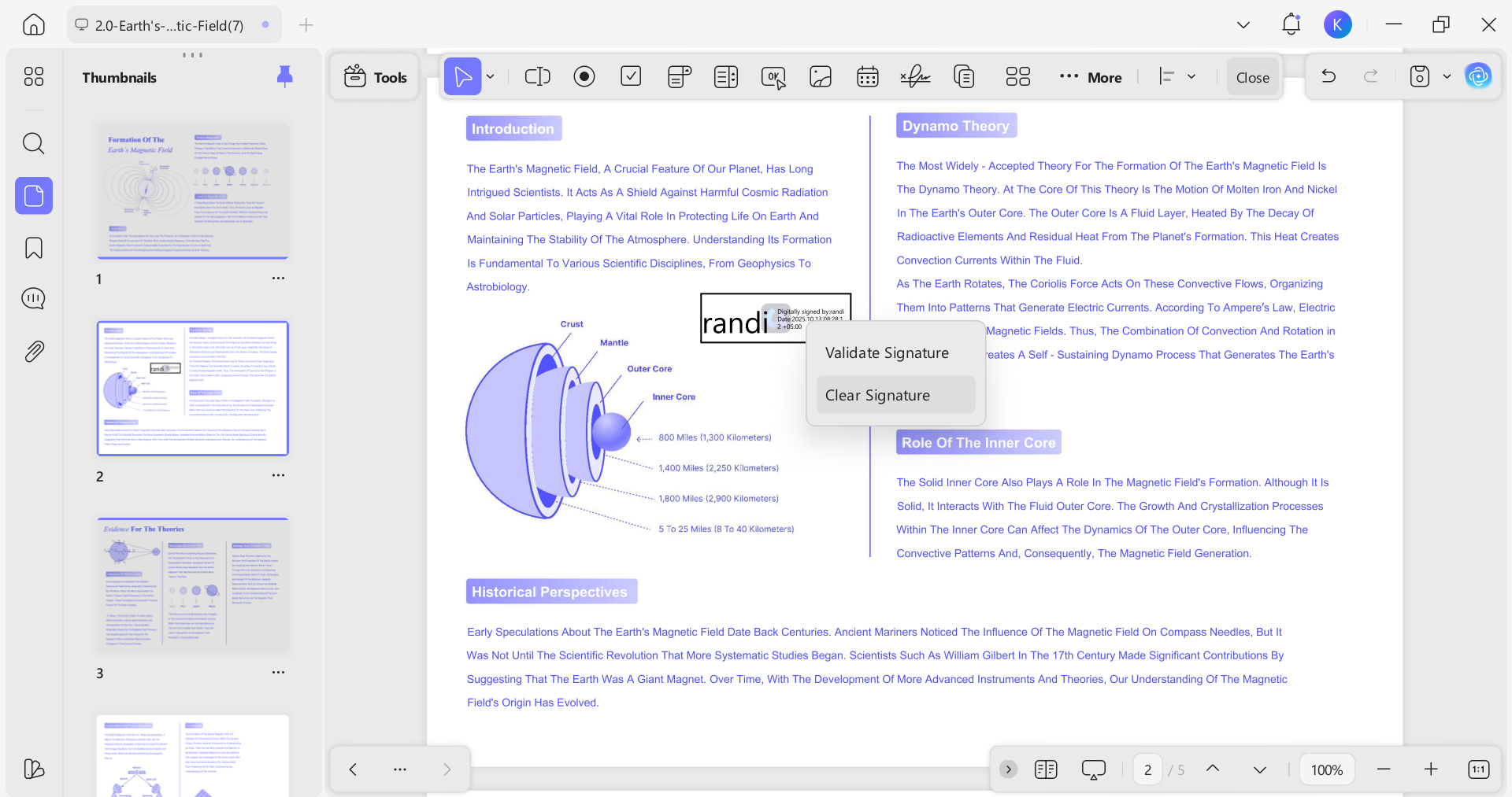 showing updf form mode with right-click menu highlighting the clear signature option