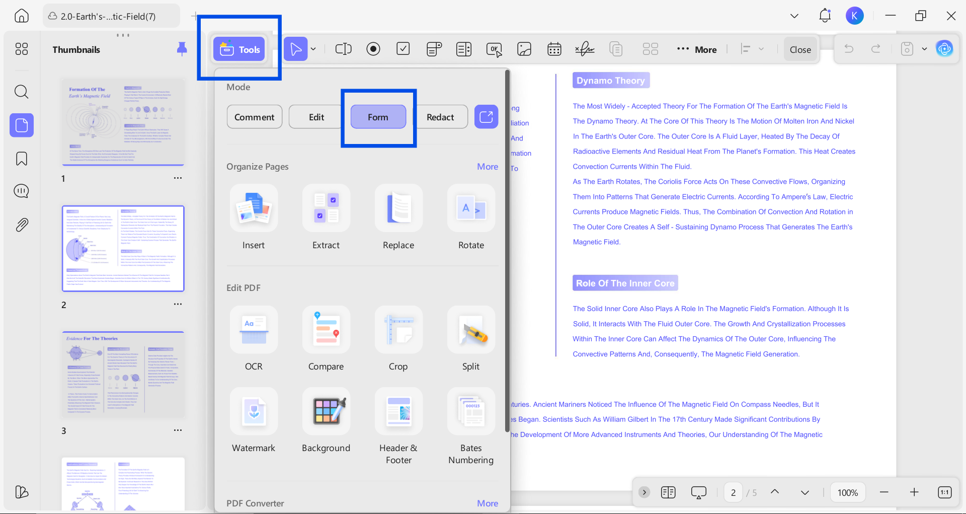 showing updf form option in tools section
