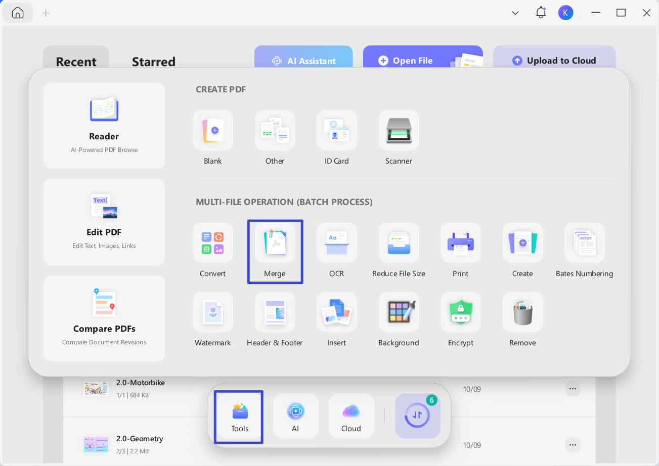 updf merge interface under multi-file operation