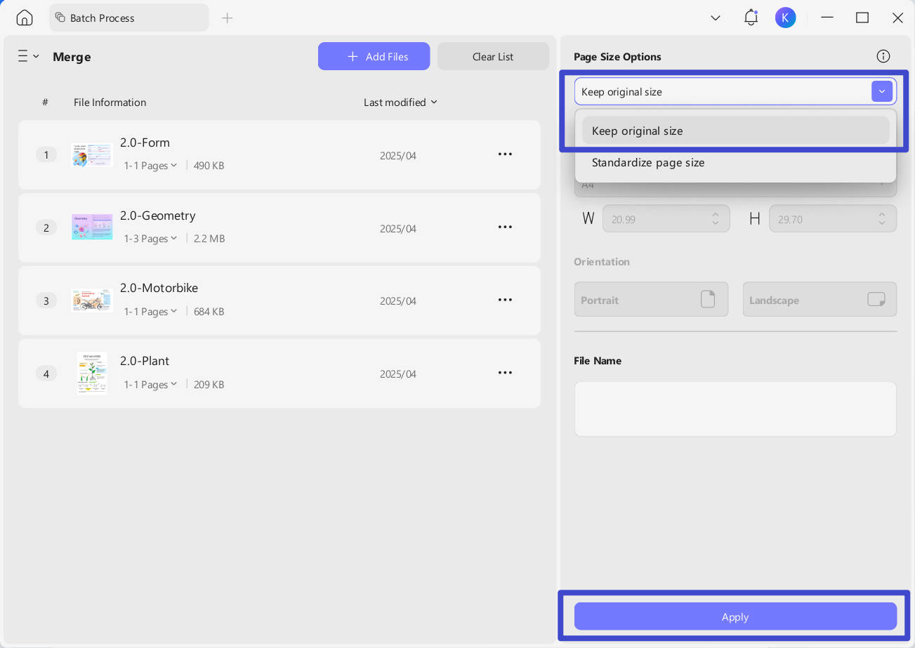 updf merge interface with keep original size selected