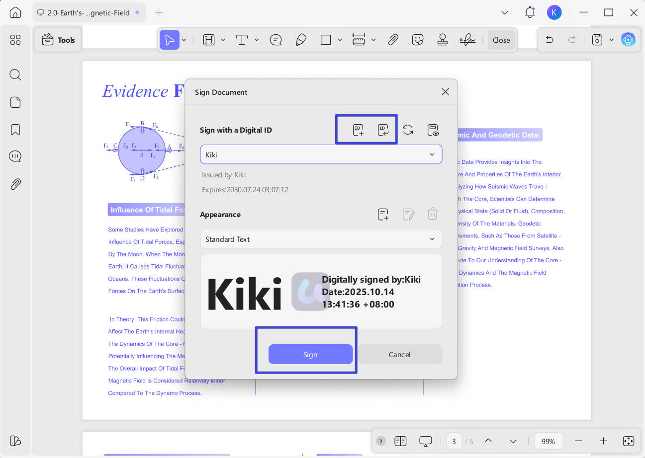 updf sign document appearance window with the sign option selected