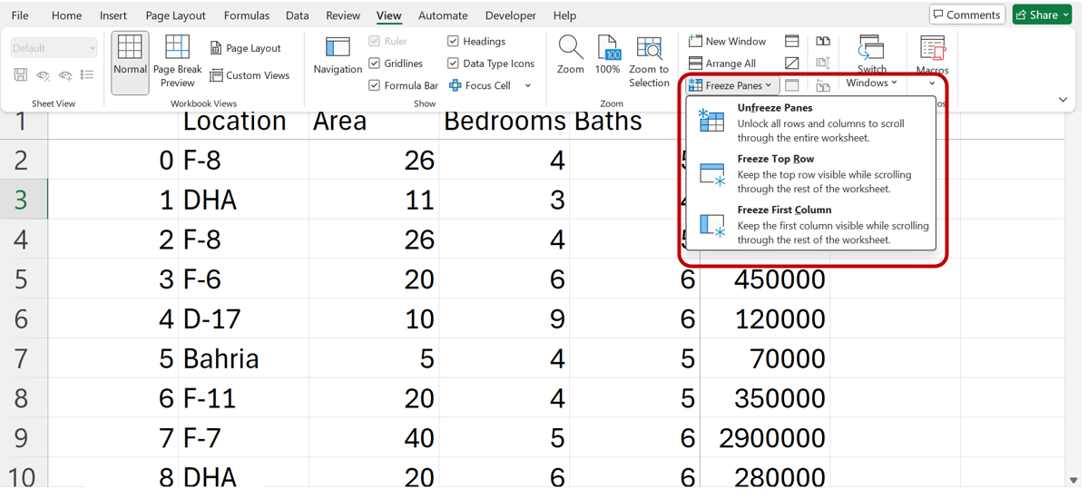 unfreeze pane option in excel