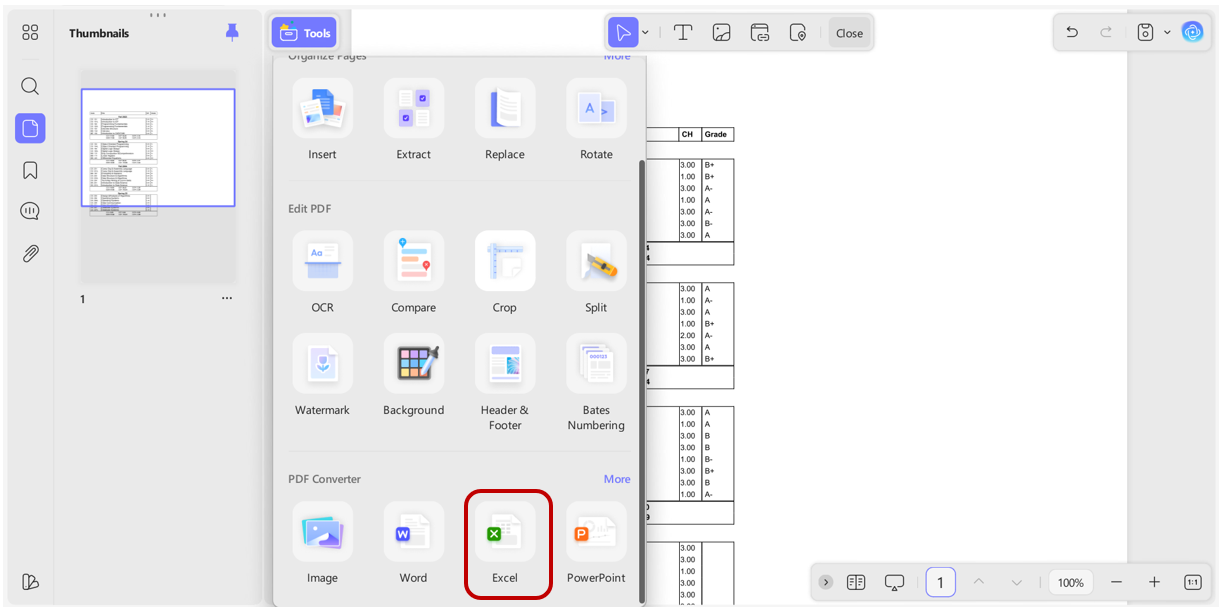 converting to excel format in updf