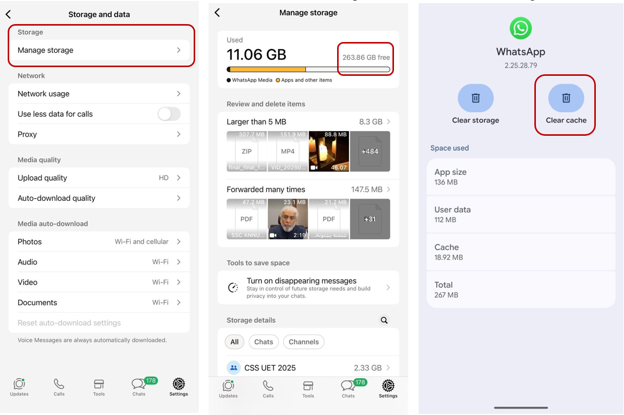 checking phone storage and clearing whatsapp cache