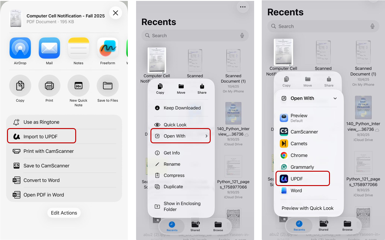 opening a pdf document in the updf app