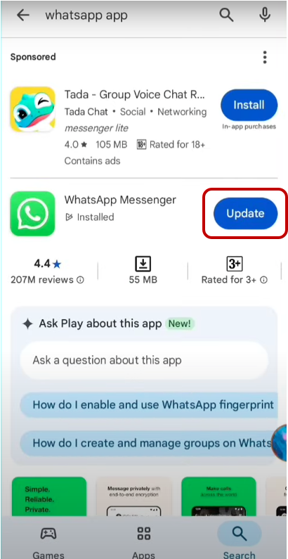 updating whatsapp from the google play store